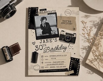 May include: A vintage-style birthday invitation card featuring a black and white photo of a person, a camera illustration, and film strips. The text reads: Let's Celebrate, You're Invited, Jane's 30th Birthday, and event details for August 8, 2026.