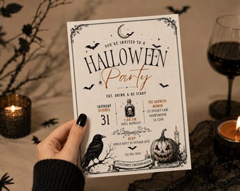 May include: A rectangular Halloween party invitation card featuring black and orange text, a crescent moon, bats, a raven, a jack-o'-lantern, and a potion bottle. The text reads: You're invited to a Halloween Party, Eat, Drink & Be Scary.