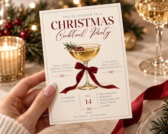 May include: A rectangular invitation card for a Christmas Cocktail Party featuring a gold-rimmed martini glass with a dark red ribbon tied around the stem. The text includes event details, date, location, and RSVP information in dark red and black.