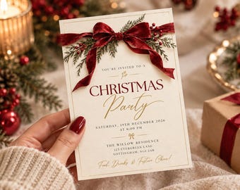 May include: A cream-colored Christmas party invitation card featuring a deep red velvet bow, green pine sprigs, and red berries at the top. The text reads: You're invited to a Christmas Party, Saturday, 19th December 2026 at 6:00 PM, The Willow Residence, 123 Evergreen Lane, Nottingham, NG1 2AB, Food, Drinks & Festive Cheer!