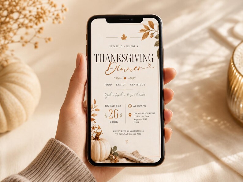 May include: A smartphone displaying a digital Thanksgiving dinner invitation with autumn leaf illustrations, a small pumpkin graphic, and text detailing the event date of November 26, 2026, time, location, and RSVP information in a neutral color palette.