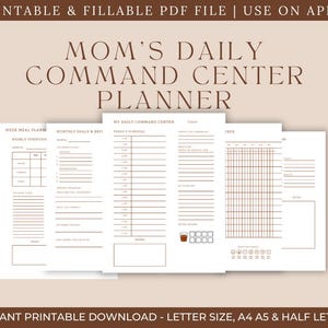 Op de afbeelding: Een afdrukbare PDF-planner met de tekst "MOM'S DAILY COMMAND CENTER PLANNER". De planner bevat secties voor wekelijkse maaltijdplanning, maandelijkse doelen, dagschema's en takenlijsten. Het ontwerp is in bruin- en wittinten.