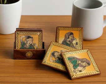 Juego de posavasos de madera hechos a mano con diseños variados de pintura de piedras preciosas y arte indio.