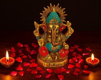 Golden Brass Lord Ganesha Statue With Stone Studded, Good luck Gift Housewarming Gift