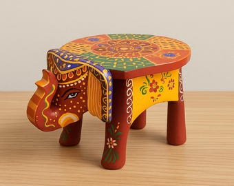 May include: A hand-painted wooden elephant stool. The stool features a round top with a colorful floral and geometric design. The elephant's head and legs are painted in shades of red, yellow, and brown, with intricate details.