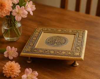 Chowki de madera de latón para decoración del hogar indio Pooja Bajot hecho a mano