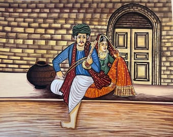 Original Oil Painting Couple Rajasthani Indian Traditional Art Village Scene