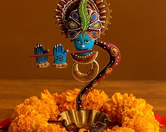 Hand-Painted Metal Krishna Tea Light Holder, Indian Home Decor