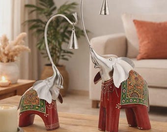 Handmade Indian Traditional Elephant figurines with bell Set of 2