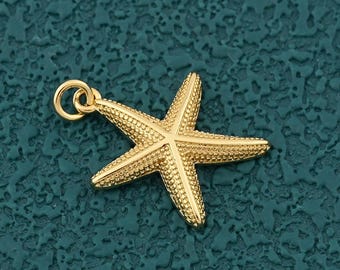 Puede incluir: Un colgante de estrella de mar dorado con una superficie texturizada. La estrella de mar tiene cinco brazos y un pequeño lazo en la parte superior para sujetarlo a una cadena o pulsera. El colgante está sobre un fondo verde azulado.