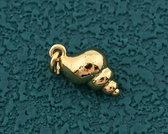 Puede incluir: Un pequeño dije de concha dorada con un lazo en la parte superior para sujetarlo a un collar o pulsera. El dije tiene un cuerpo liso y redondeado y un diseño de concha en espiral. El fondo es una superficie texturizada de color turquesa.