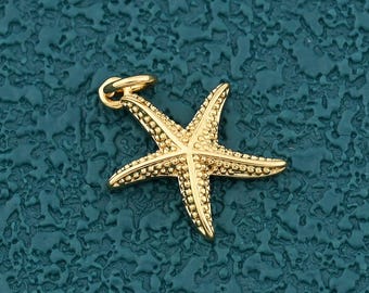 Puede incluir: Un colgante de estrella de mar dorado con un pequeño lazo para sujetar a una cadena. La estrella de mar tiene cinco brazos y una superficie texturizada. El colgante está sobre un fondo texturizado color turquesa.