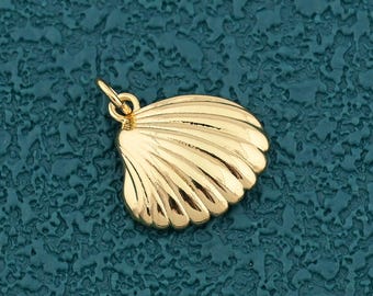 Puede incluir: Un colgante de concha dorada con un pequeño lazo en la parte superior para una cadena. El colgante tiene un diseño acanalado y está sobre un fondo turquesa texturizado. Esta joya es adecuada para collares y pulseras.