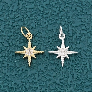 Dainty North Star Pendant in Gold Tone with Sparkling Zircon Accents for DIY Necklace or Bracelet Jewelry 12x14mm