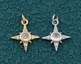 Elegante colgante de estrella del norte con circonita transparente brillante para collares, pulseras y joyas hechas a mano, 12 x 14,5 mm.