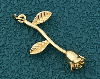 Romantic 18K Gold Filled Rosebud Pendant with Leaf Details for Handmade Necklace Or Bracelet Craft 19x34.5mm