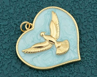 Romantic Enamel Heart Charm With Dove Motif for Jewelry Making and Gift Necklace 30x29mm