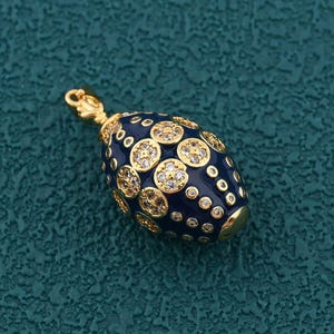 Trendy Oval Egg Pendant with Blue Enamel and CZ Accents in 18K Gold Filled for Necklace Bracelet DIY 18x34mm