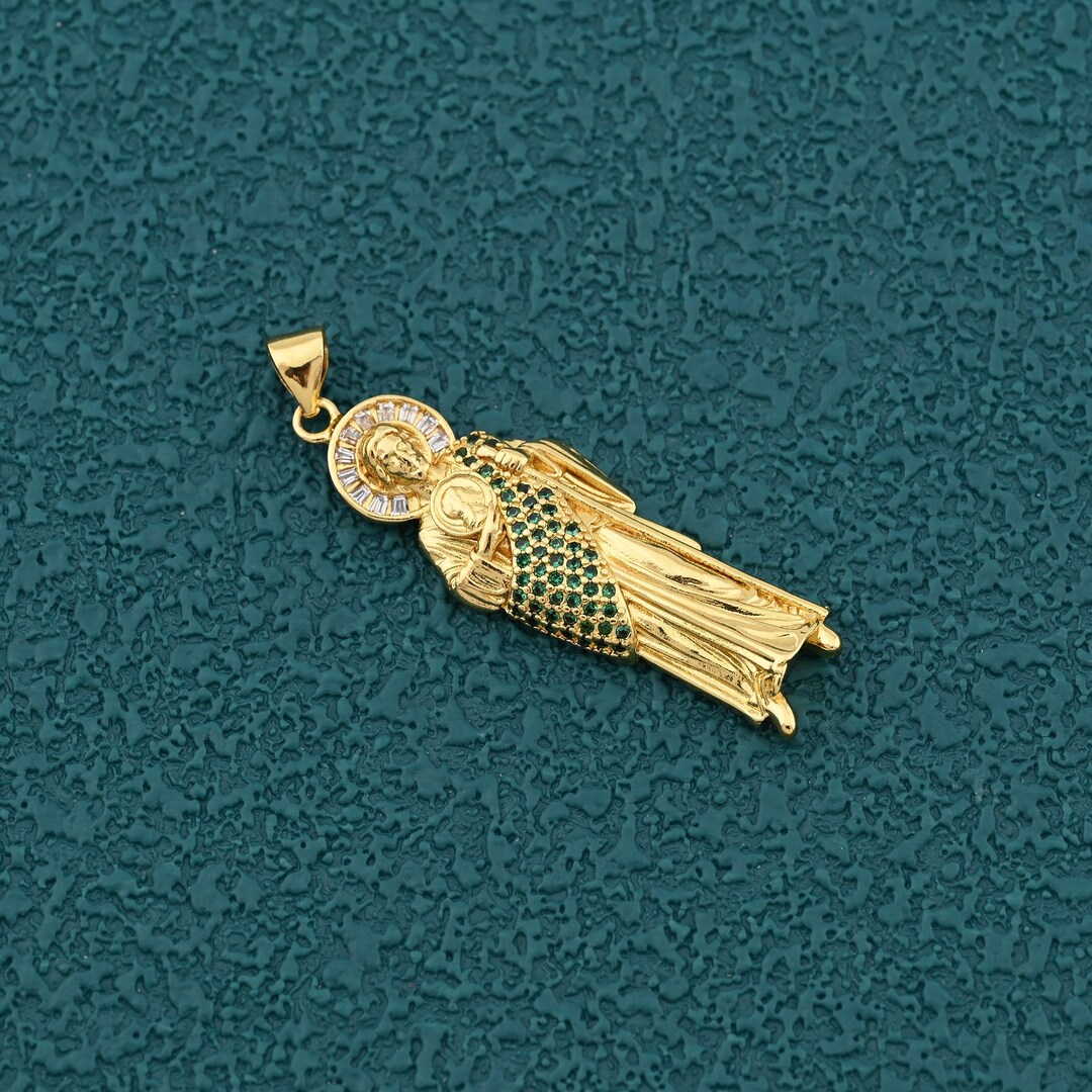 18K Gold Filled Saint Jude Pendant Necklace With Green Crystal Stones ...