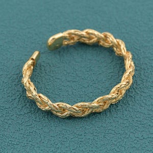 Textured 18K Gold Filled Open Bangle Bracelet with Interwoven Rope Pattern and Sleek Polished Tips 60.5x53mm