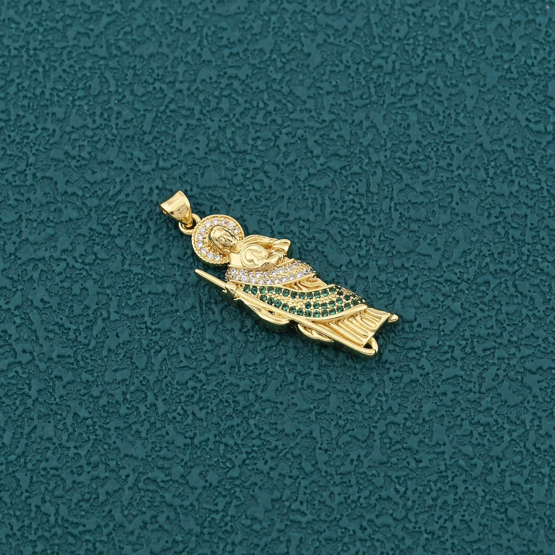 18K Gold Filled Saint Jude Figure Necklace With Green White Stone Robe ...