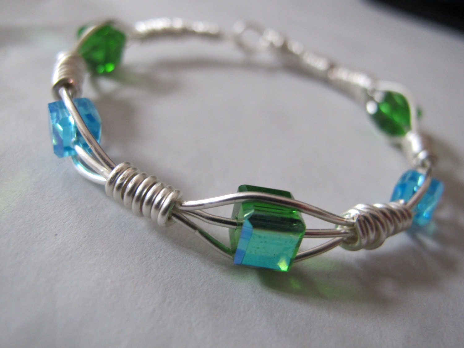 Aqua Pearl Wire Wrap Silver Bracelet Bangle Free Shipping 