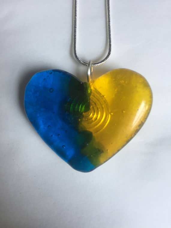 Fused Glass Heart Necklace In Blue Green And Yellow On Silver Etsy