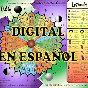 May include: A colorful digital calendar for 2026 in Spanish, featuring a circular design with astrological symbols and gardening tips. The text "DIGITAL EN ESPAÑOL" is prominently displayed. Includes a legend with gardening and lunar phase information.