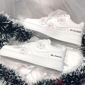 Custom Wedding Bridal Pearl Lace Sneakers /Personalization Couple Shoes /Air Force One Unique Wedding Gift / Pearl  Wedding Shoes