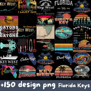 Könnte beinhalten: Eine Sammlung von 150 Grafikdesigns zum Thema Florida Keys mit Palmen, Sonnenuntergängen, Karten, nautischen Elementen und Texten wie Key West, Siesta Key und Florida. Die Grafiken zeigen Illustrationen von Booten, Schildkröten und Grillmotiven.