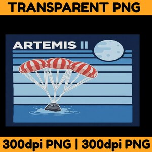 May include: A graphic design featuring the text "ARTEMIS II" above a depiction of three red and white striped parachutes descending towards a blue water surface. A light blue moon is also present.