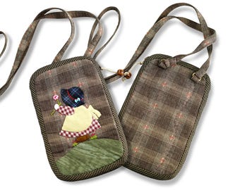Handmade Quilted Phone Bag: Crossbody Purse or Fabric Pouch with Appliqué Girl Design