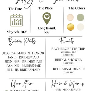 May include: Wedding invitation with the text "The Wedding of Judy & James." Details include the date May 5th, 2026, and location Long Island, NY. The invitation also lists the bridal party, events, attire, and hair & makeup.