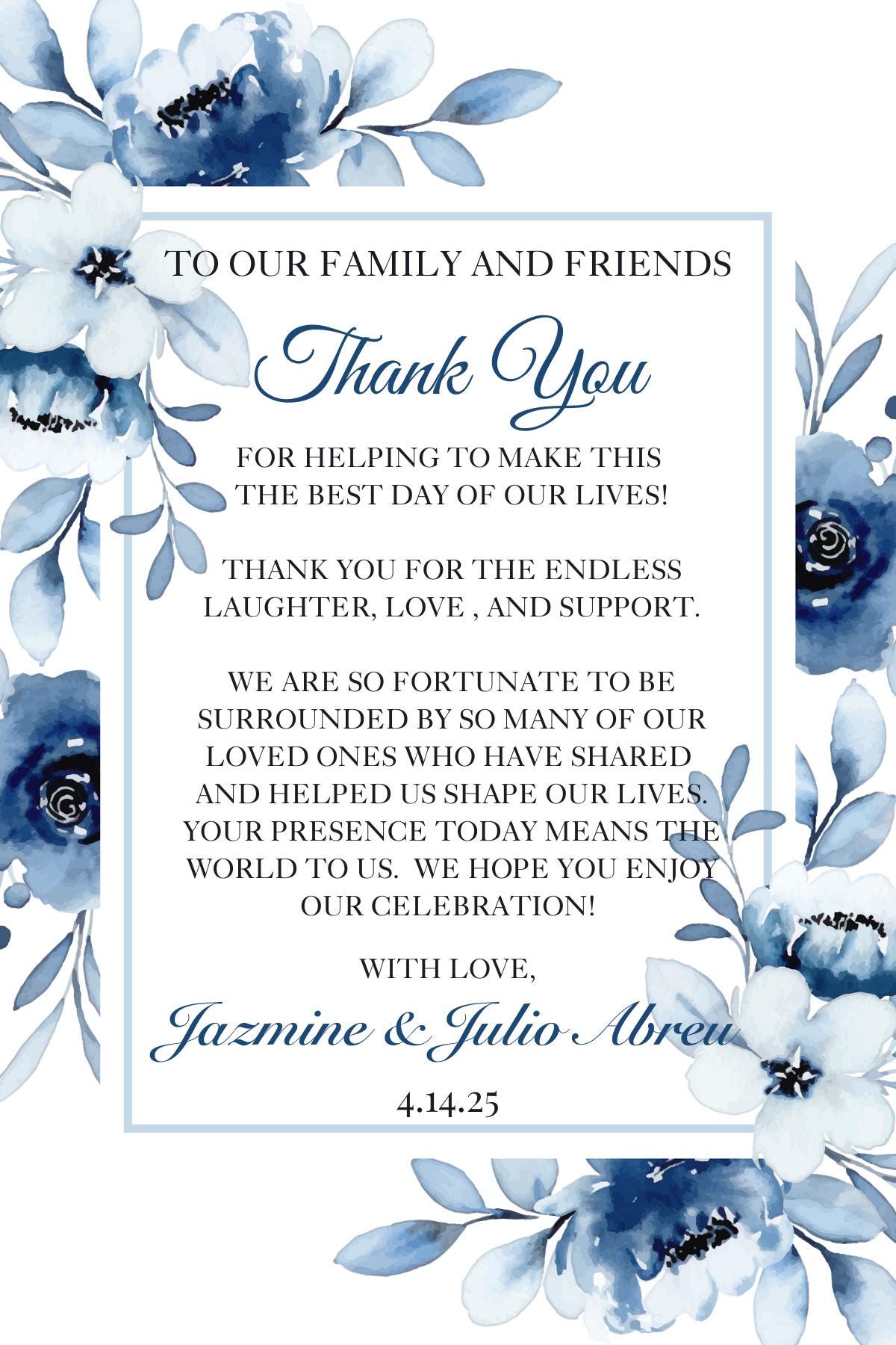 Blue Wedding Thank You Card , Customizable Template - Etsy
