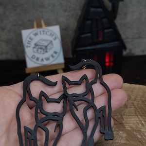 Large Black Cat Earrings Spooky Halloween Jewelry 2 Inch Statement Earrings Black or White Cats | Gold or Silver Hooks Witchy Spellbook Box