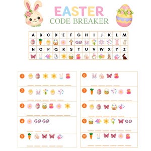 May include: An Easter-themed activity sheet with the words "EASTER CODE BREAKER" above a letter key and code-breaking puzzles. The sheet features colourful illustrations of Easter eggs, bunnies, flowers, and carrots.