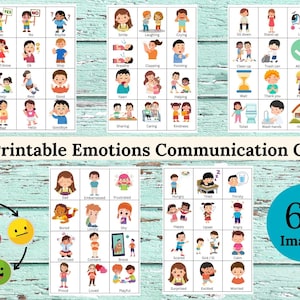 May include: Printable Emotions Communication Cards featuring 60 images. The cards display various emotions with corresponding illustrations, including smiling, crying, and feeling sad. The cards are designed for communication and educational purposes.
