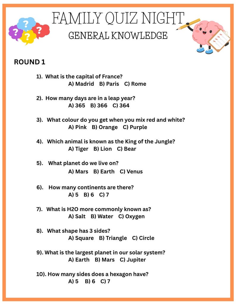 Family Quiz Night Printable Game | Instant Download PDF | 5 Round Quiz