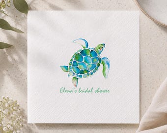Turtle Napkins, Custom Watercolor Sea Turtle Cocktail Napkin, Tropical Bridal Shower Decor, Party Supplies