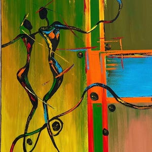 May include: Abstract painting with a vibrant color palette. Two stylized figures in black with colorful accents dance against a backdrop of green, yellow, and orange. The artwork features bold lines and shapes.