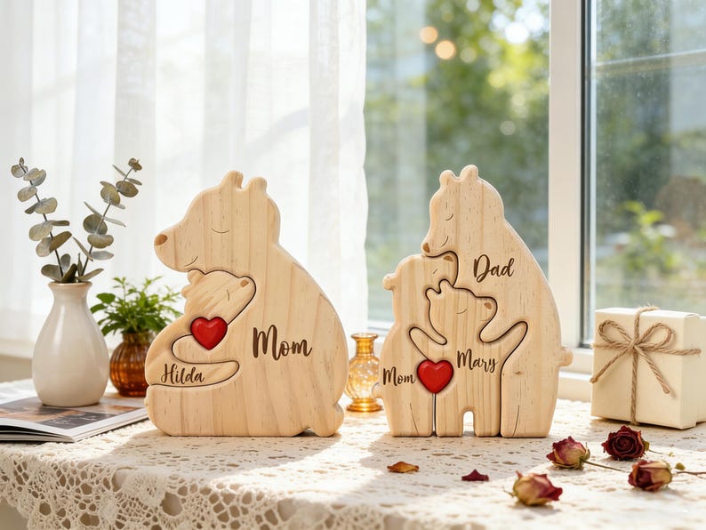 Op de afbeelding: Twee houten berenfamiliefiguren. E&eacute;n toont een beer die een kleinere beer omhelst met een rood hart, het woord "Mom" en de naam "Hilda". De andere heeft drie beren met de woorden "Dad", "Mom" en "Mary".
