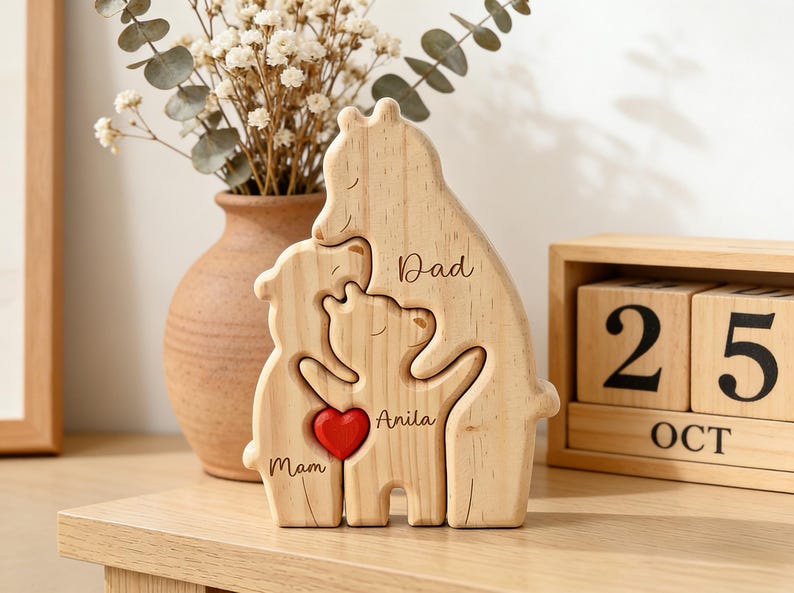 Op de afbeelding: Houten familie berenbeeldje met de woorden "Dad", "Anila" en "Mom" gegraveerd. Een rood hart staat in het midden. Een vaas met gedroogde bloemen en een houten blokkalender staan op de achtergrond. De kalender toont de datum 25 oktober.