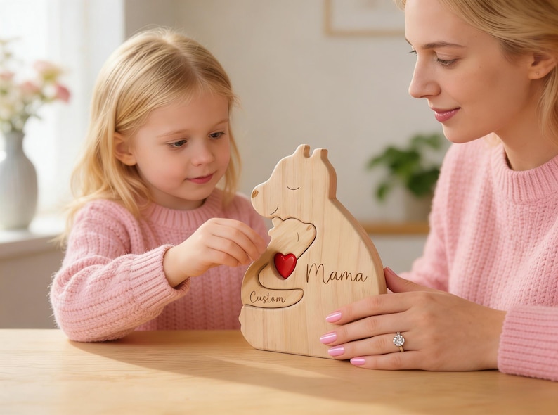 May include: A wooden bear-shaped decorative item with a smaller bear cutout, a red heart, and the word "Mama". The item is personalized with the word "Custom" and is held by a woman and a young girl.