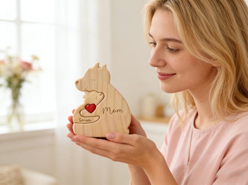 Op de afbeelding: Een houten beeldje in de vorm van een moeder en kind, met een rood hart en het woord "Mom" gegraveerd. De naam "Sarah" is ook gegraveerd. Het beeldje wordt in de handen van een persoon gehouden.