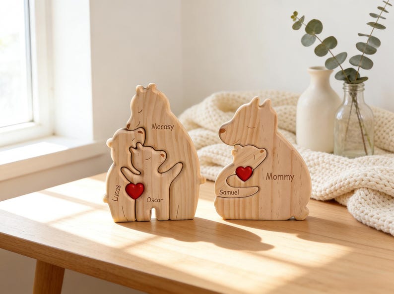 Op de afbeelding: Houten berenbeeldjes voor het gezin met een hartvormig accent. E&eacute;n beeldje heeft de namen "Lucas" en "Oscar", de andere "Samuel" en "Mommy". De beren zijn lichtbruin en staan op een houten tafel.