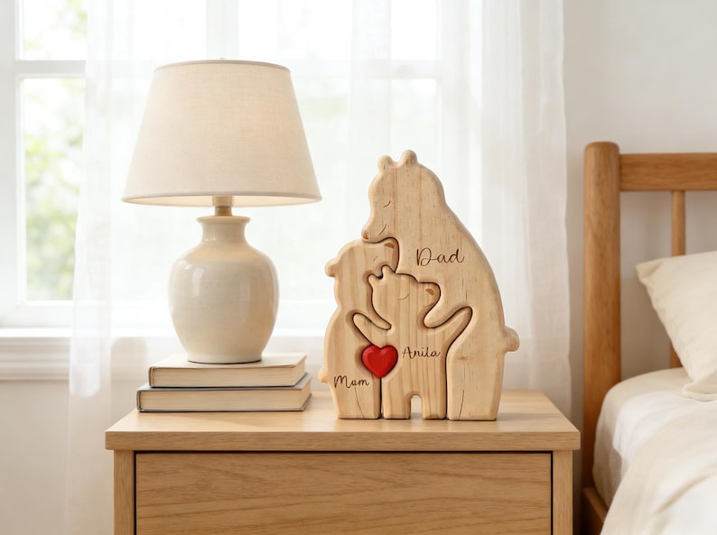 Op de afbeelding: Houten familieberenpuzzel met de woorden "Papa", "Mama" en "Anita" gegraveerd. Een rood hart staat in het midden. De puzzel staat op een houten nachtkastje naast een lamp met een beige lampenkap.