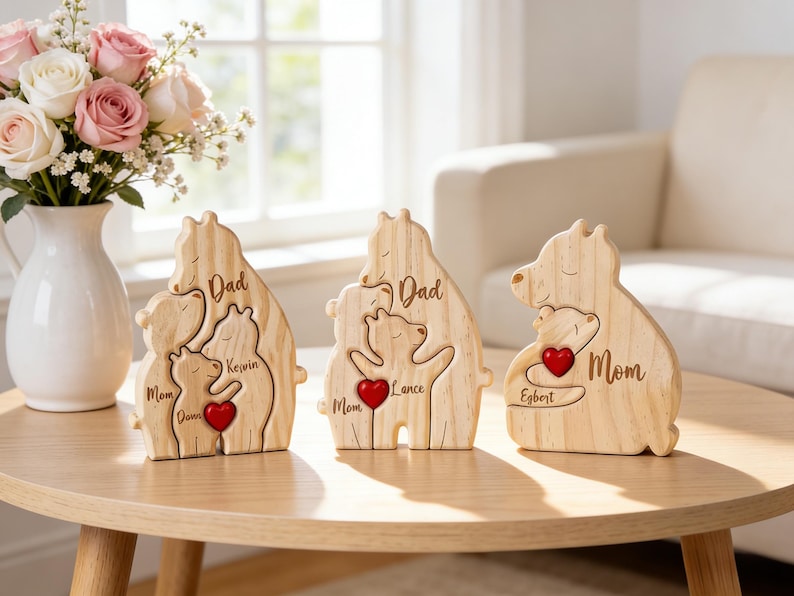 Op de afbeelding: Drie houten berenfamiliefiguren met gegraveerde namen en een rood hart. De beren zijn lichtbruin en staan op een houten tafel. Een vaas met roze en witte rozen staat in de buurt.