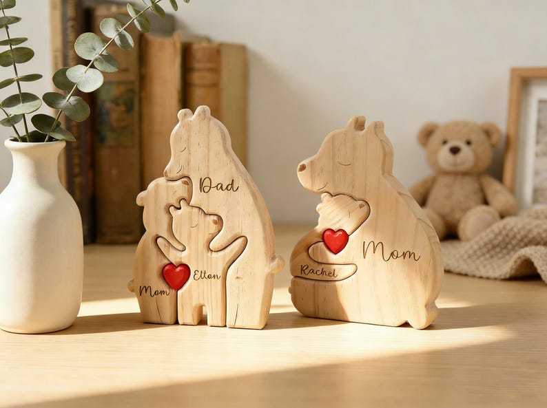Op de afbeelding: Twee houten berenfamiliefiguren. E&eacute;n heeft "Papa", "Mama" en "Ellen" met een rood hart. De andere heeft "Mama", "Rachel" en een rood hart. De figuren staan op een houten oppervlak.