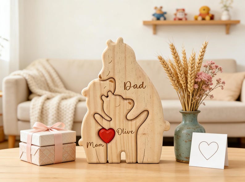 Op de afbeelding: Houten puzzel van een berenfamilie met de woorden "Papa", "Mama" en "Olive" gegraveerd. Een rood hart staat in het midden. Een geschenkdoos met een roze lint en een vaas met tarwe en bloemen zijn ook aanwezig.