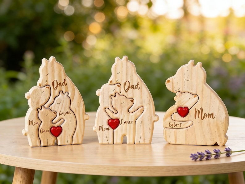 Op de afbeelding: Drie houten berenfamiliefiguren met gegraveerde namen en een rood hart. Elke berenfamilie bestaat uit een vader, een moeder en een kind. De namen zijn op de beren gegraveerd. De figuren staan op een houten tafel.
